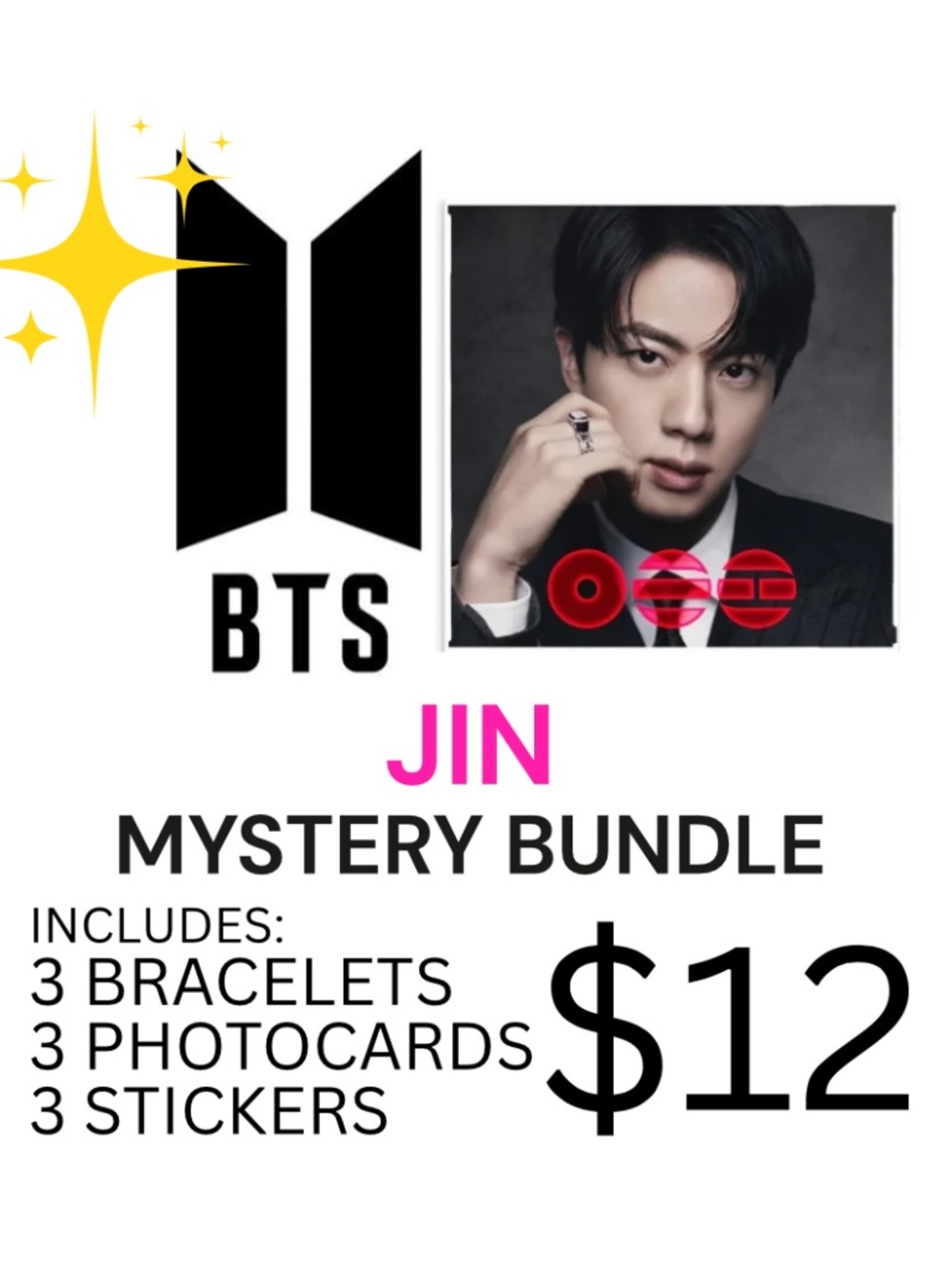 BTS JIN MYSTERY BRACELET PHOTOCARD STICKER BUNDLE